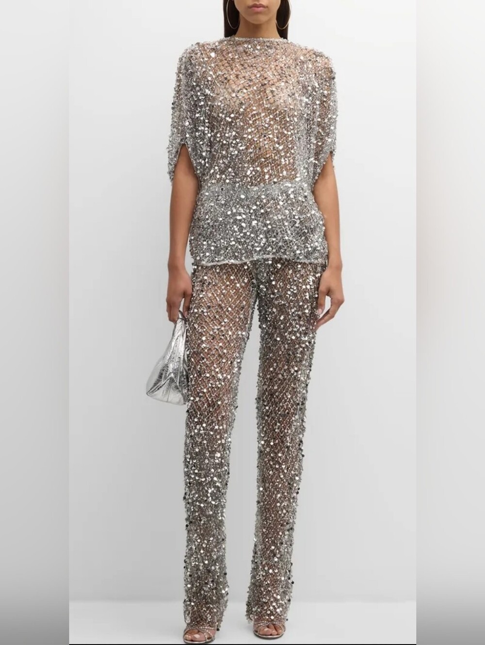 Silver Sequin Mesh Pants - Women